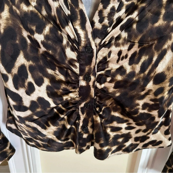 Zara Women’s Medium Satin Effect Ruched Button Down Blouse Leopard Print V Neck - Picture 6 of 7